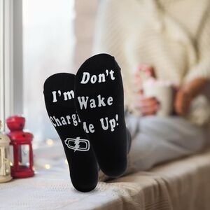 NWT Mens Solid Black & White Funny Socks “Don’t Wake Me Up” I’m Charging